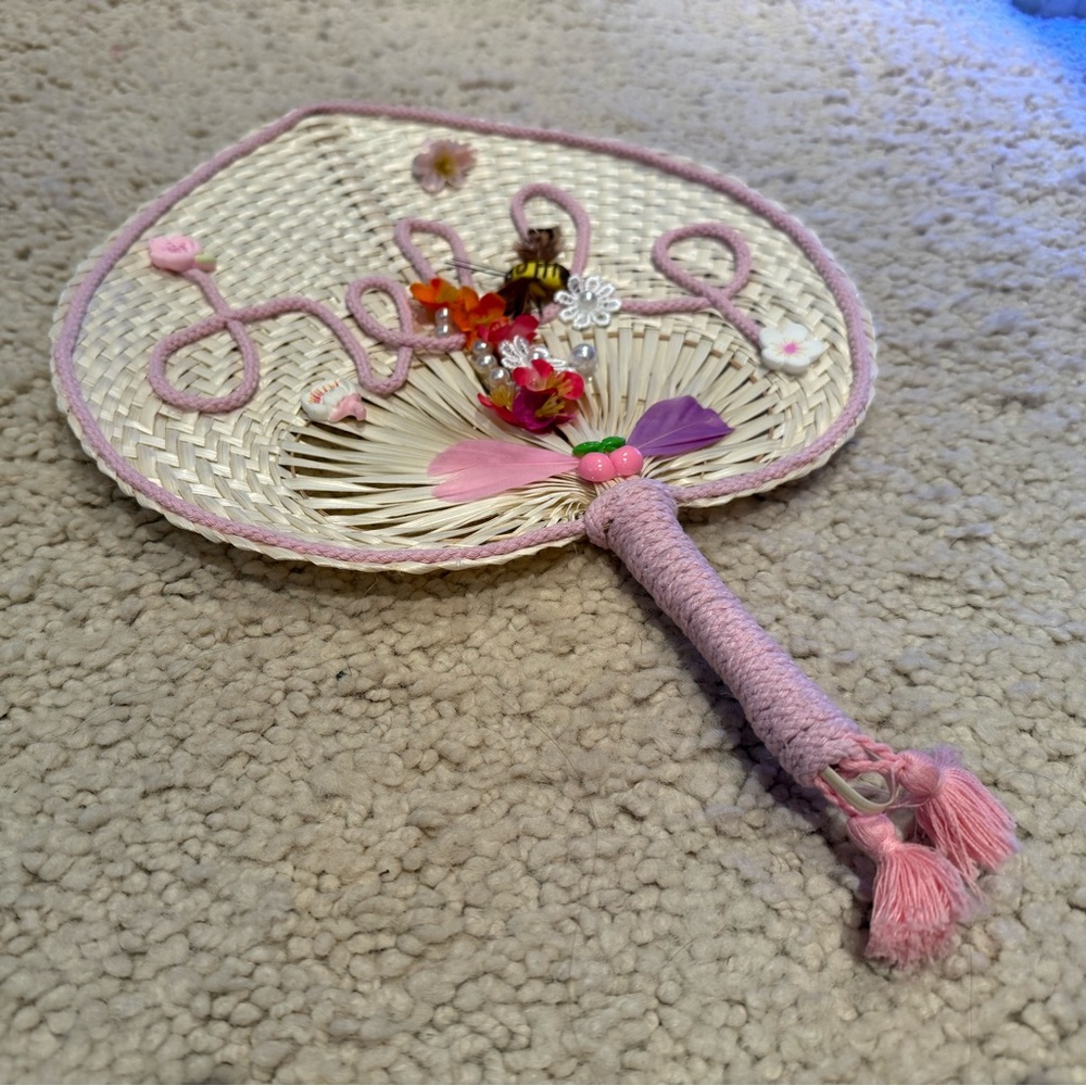 Woven Fan with Pink and Floral Accents